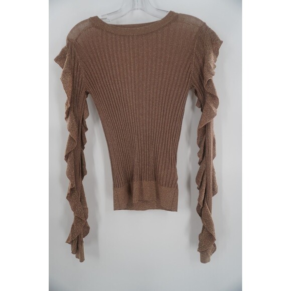 Joie Beza Shimmer Knit Sweater Gold Brown Metallic Ruffle Ribbed Top Size XS - Picture 6 of 12